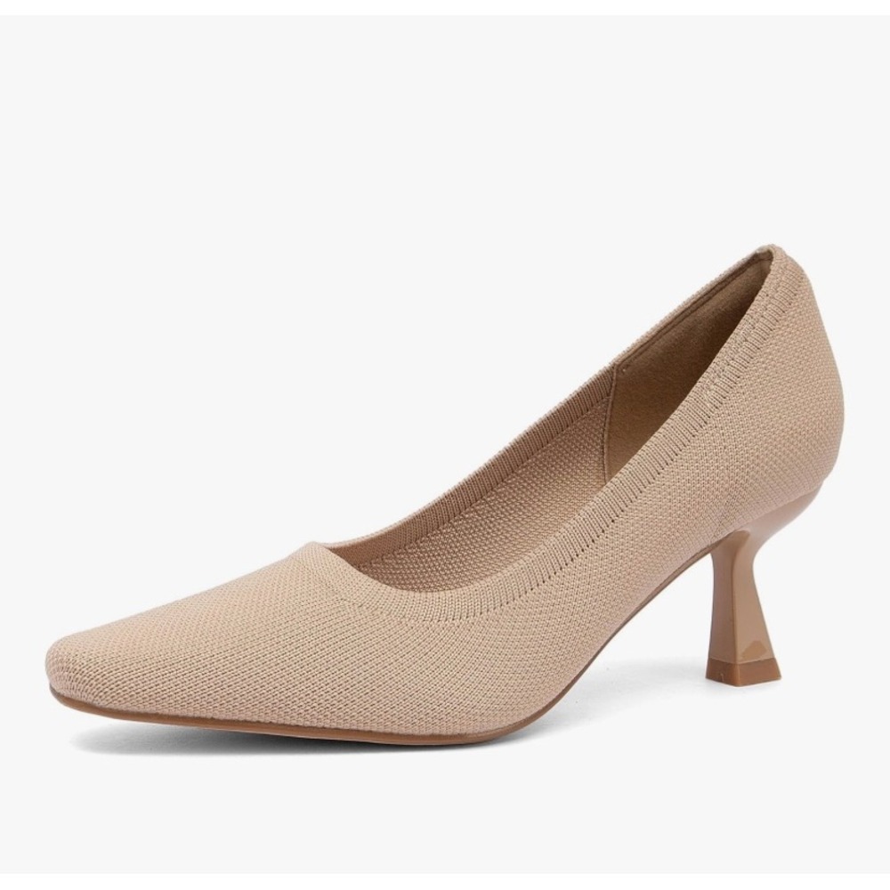 NEWBELLA Women Apricot Knit Kitten Heel Pumps Pointed Toe Slip On Dress Shoes